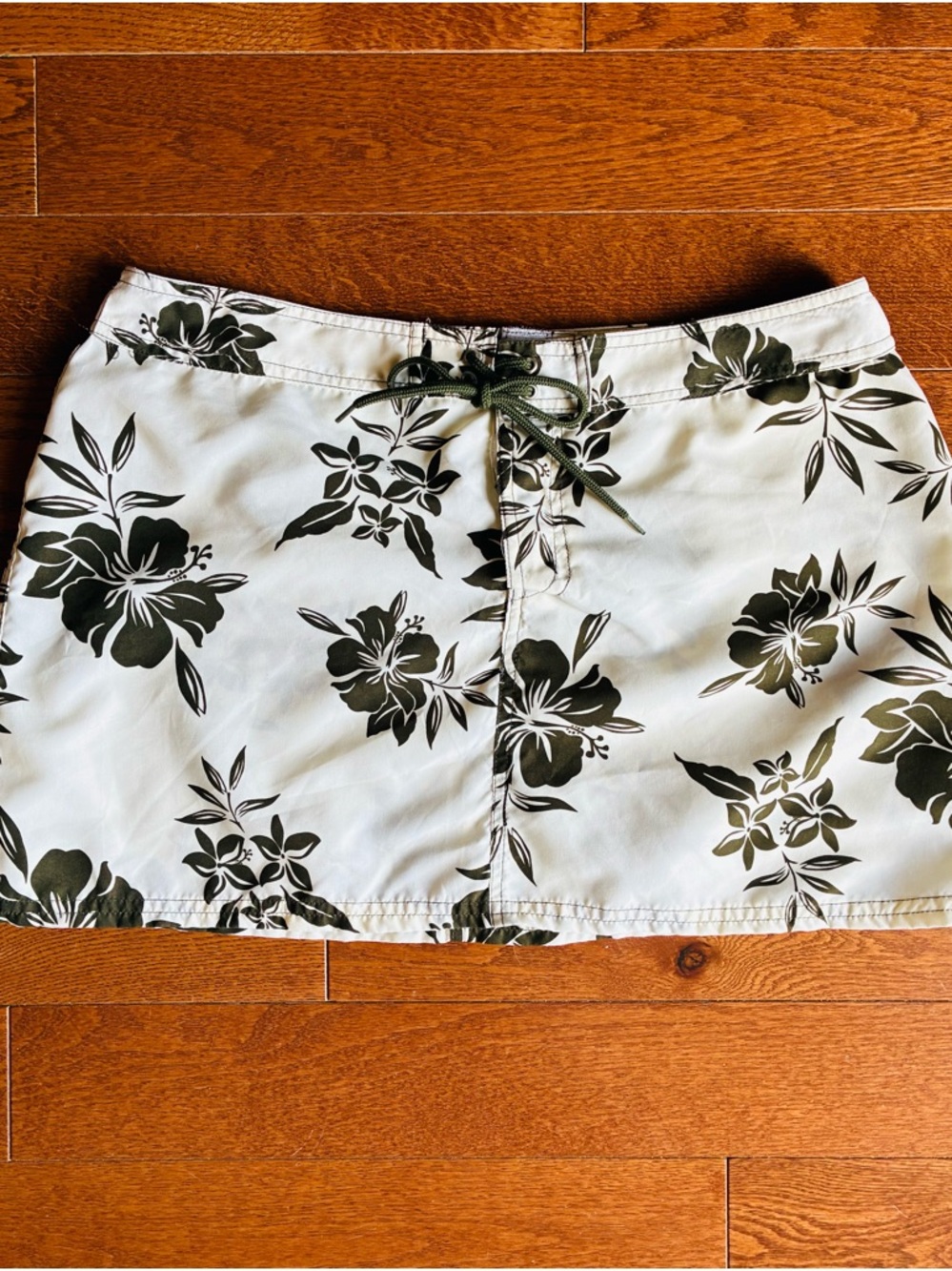 Floral Drawstring Mini Swim Skirt in Olive Floral on Cream